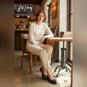 FS/NY Passport Size 8.5 Quilted Genuine Brown Leather Ballet Flats Bow Accents